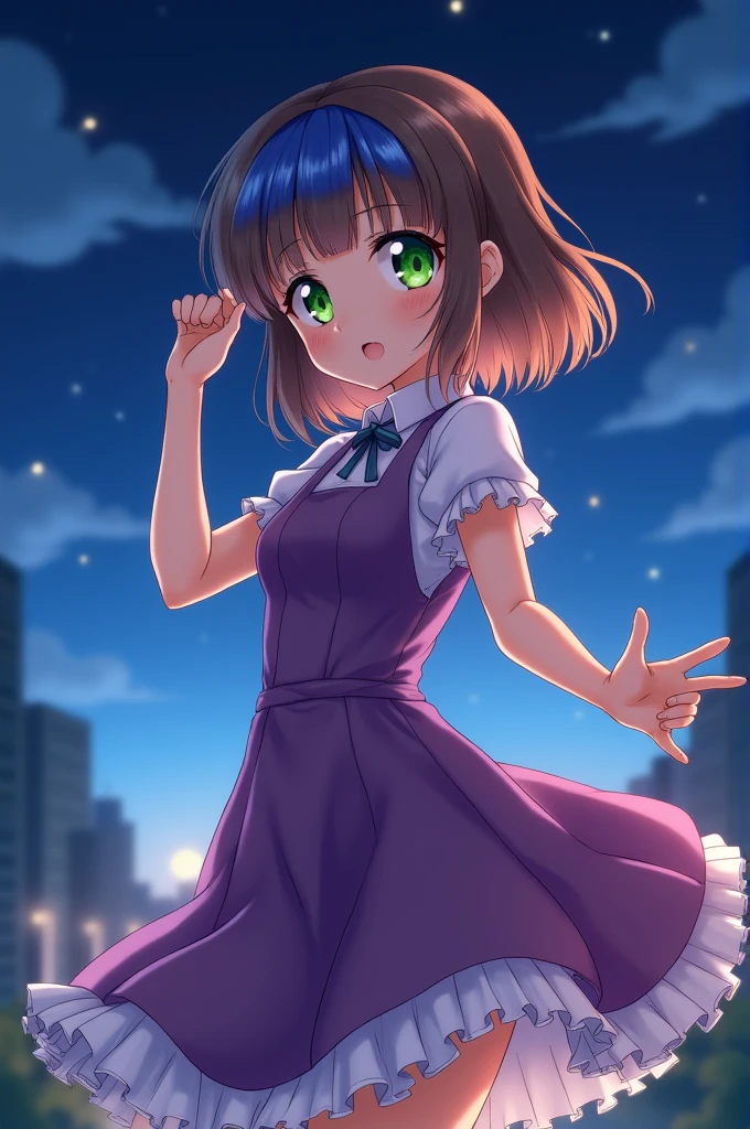 Anime girl with brown hair and blue bangs with green eyes and wearing a purple dress dancing at night 
