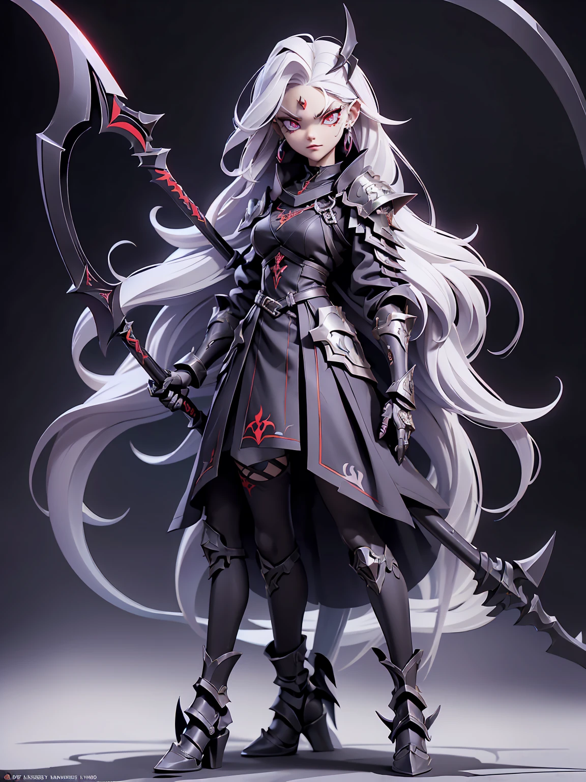 (((Masterpiece, best quality, 16k))) female character with long white hair and piercing red eyes. She wears a demonic armor in purple, black, and white. wields a large, stylized scythe. The character has a menacing expression, with a chaotic environment as the background. ((full body front view)). ((slender)), (extremely detailed:1.5), (long white hair:1.2), (piercing red eyes:1.2), (chaotic environment:1.1), (demonic armor:1.3), (stylized scythe:1.3).