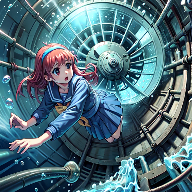 fujisaki shiori, yellow hairband, school uniform, serafuku, long sleeves, pleated skirt, (((electric turbin,industrial pipe,fan,swimming,air bubble,underwater))),