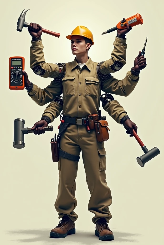 Image of an electrical technician, several arms coming out from behind and each one with a different tool example, uma chave Philips, alicate, Gavel, multimeter, screwdriver,