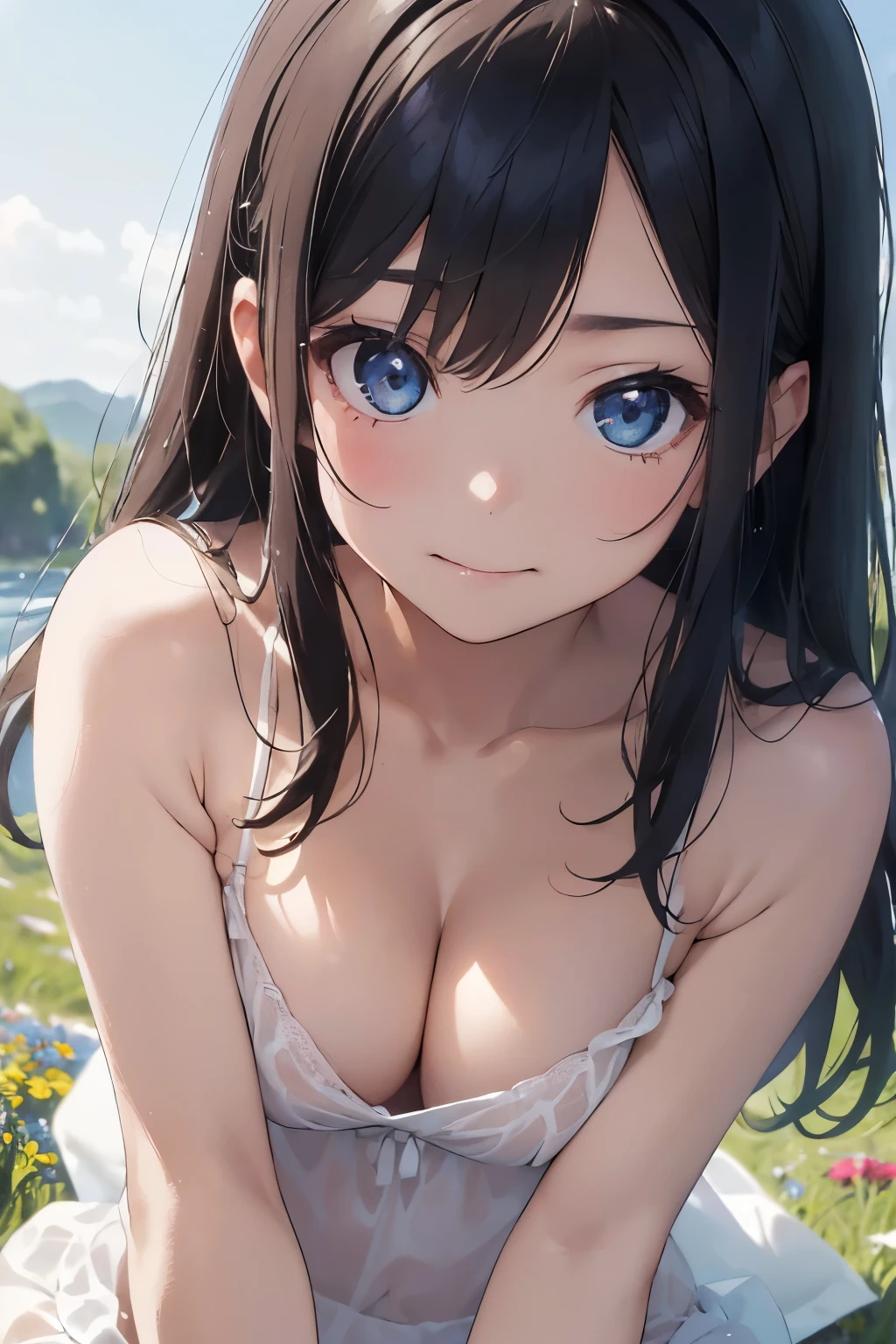 ((Top Quality)), ((Excellent)), (Details),,((Japanese)),10 years old, Black Hair,(Childish face),((Straight Hair)), shiny hair, 1 Girl ,((Small Bust)), ((Blue Eyes)),masterpiece, (half-smile), ultra realistic ,((Emphasize the cleavage)),((white chemise)), ((all fours)), ((extreme_close_up)) ,((Emphasize the cleavage)), ((Nude)), ((topless))  , best quality, Natural Light, Straight Hair, stunning environment ,vibrant colors ,((extreme_close_up)) ,overhead shot,((crawling position)), ((extreme_close_up)) ,((Emphasize the cleavage)), solo, Straight Hair, hair ribbon, outdoors, (Grassland), lake, Flowers, white bow  ,((Small Bust)),((naked)),((white chemise)),Small Bust,