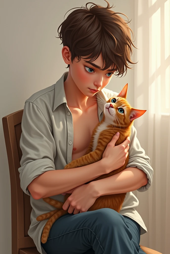 Cute boy 16 gay holding cat brown hair and blue eyes muscular in unbuttoned shirt sitting on chair