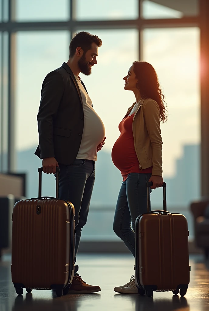 Draw a pregnant man and a woman leaving with their suitcases
