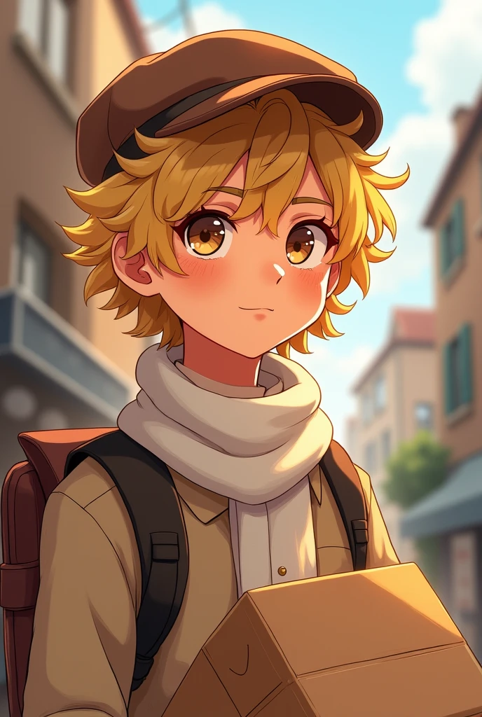 A postman with brown undertones, shoulder-length curly blonde hair, golden eyes, freckles, brown newsboy cap, white scarf, 25-year-old male, freckles, tall, good-looking, 9-head-tall, drawn in an anime illustration