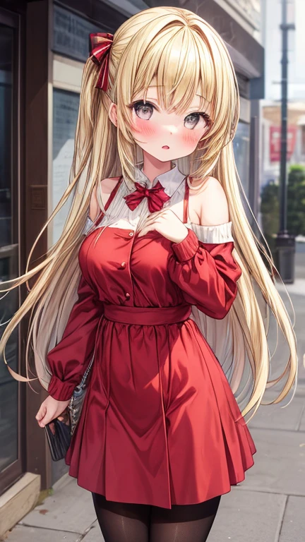 (masterpiece, best quality), 1girl, blonde hair, red dress, pantyhose, cute face, blush,