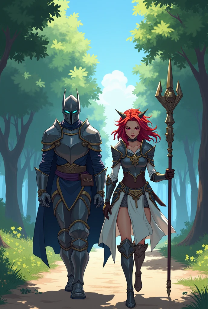 make me the following scene in anime style: a young draconian, Scarlet eyes, red hair with slight details in shades of blue, she is about 27 years old, 1,65 tall, She is wearing light armor and a staff to cast spells, beside him is a knight enclosed in armor, you can only see a blue ray from his eyes, they are on a dirt road surrounded by trees, are leaving for battle, make an epic scene in anime or cartoon strokes