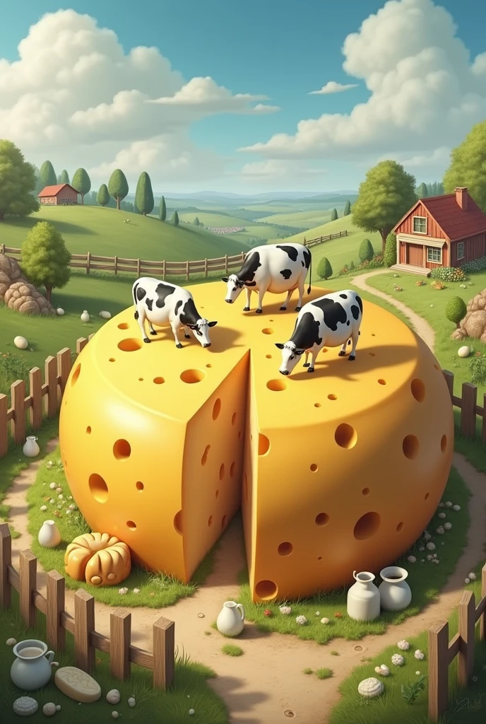 Cows on the surface of the round world of cheese around it Various dairy products and farm background