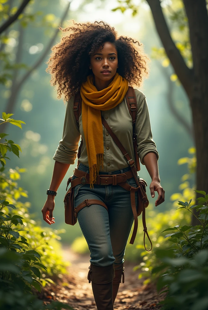 clearing! Here is a description of a trailblazer with curly hair:
**Image Description:**
The trailblazer is a woman with voluminous curly hair, with the yellow scarf around his neck.