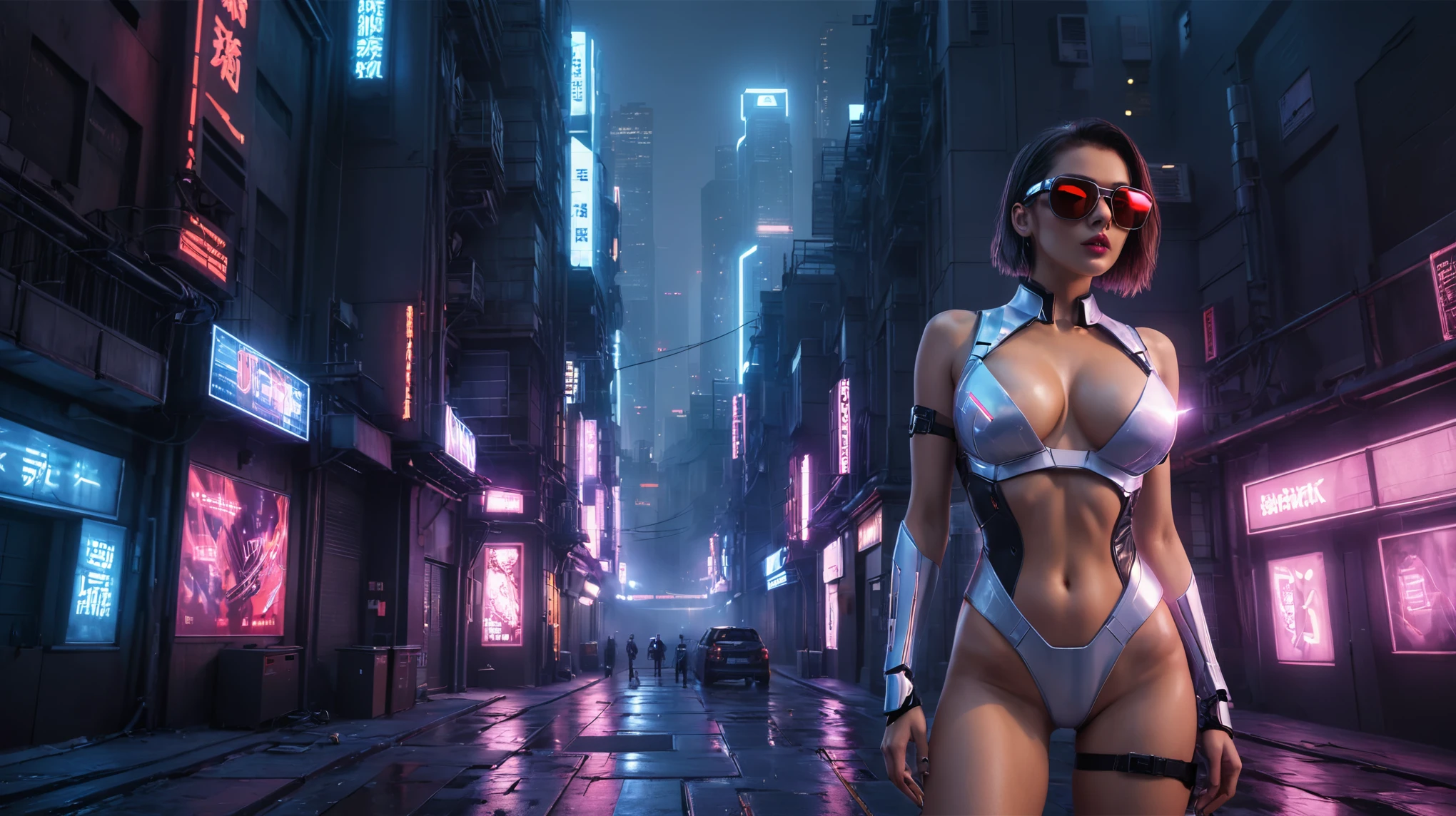 There's a cyborg woman (8k) wearing a futuristic leotard (best quality) standing in a cyberpunk city alley at night, darksynth aesthetic, red neons, haze, foggy night, ultra detailed, photorealistic, (1girl, solo, alone), large-breast:1.2 slim body, cleavage:1.1, (black sunglasses), (holding a pistol), dynamic pose, half-body thigh level medium shot, cinematic lighting, ray tracing.
