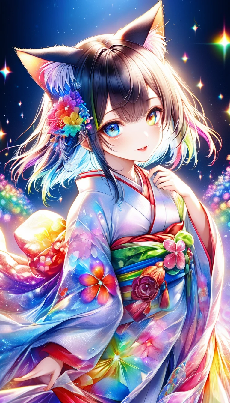 (((masterpiece))), (((Highest quality)))(, (Ultra-detailed)), A fusion of watercolor and oil painting, Psychedelic world, Commemorative photo, Japanese Kimono,cute, beautiful girl, Lolita, 15-year-old girl, 1 cute girl, (Look forward), (Looking at this), (Very delicate and beautiful face), (Beautiful eyes in every detail), ((((Heterochromia Iridum - Red and Blue Eye Color))))、Through the bangs,Black Hair,Bob ,Cat ear,髪の色と同じ色のCat ear , Beautiful attention to detail, Beautiful lip detail, Highly detailed face, Attractive eyes, Long eyelashes, smile, Open your mouth a little, One Girl, Digital Art, pastel colour, ((Use the rainbow as your main color)),Vibrant colors,fantasy art pieces,dream-like,Mythical fantasy with rainbow accents,Fairytale Fantasy, (((Translucent rainbow))),Subtle iridescent details,Gives off an aura of magic,Exquisite detail,Character clothing should be designed in kimono, Heavenly, Flowers,Soft lighting, Cinematic, romantic, baby doll、Framing above the chest, Colorful gel background, Fractal Floral Background, Sparkling, Perfect lighting, Sharp focus, High resolution, High resolution,High color rendering, High resolution
