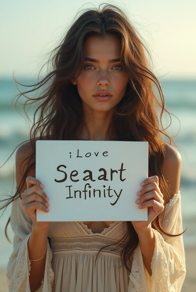 Beautiful girl with wavy long hair, bohemian dress, holding a white board with text "I Love Seaart Infinity" and showing it to the viewer