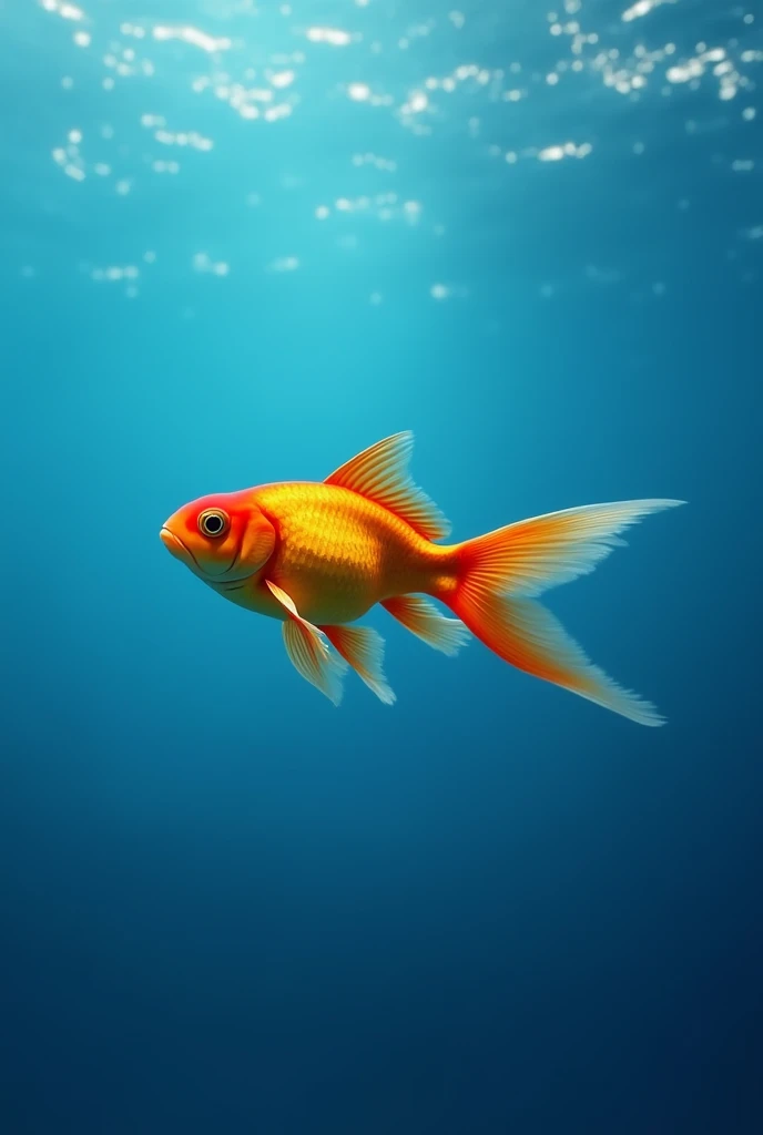 A goldfish is swimming peacefully in a blue ocean
