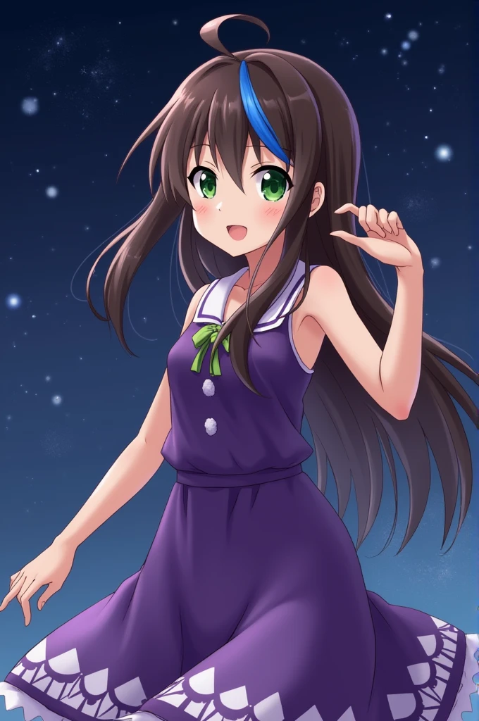 Beautiful anime girl with brown hair and a blue streak in her bangs with green eyes and a purple dress dancing at night 
