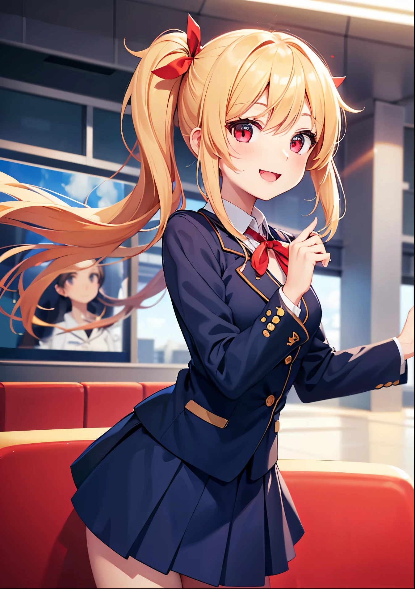 Idol-like cartoon character, cute face, big mouth full of smile, mouth wide open, droopy eyes, bright expression, blond twin-tail hair, wearing red ribbon, small breasts, navy blue stewardess uniform, navy blue blazer, navy blue long skirt, airplane flying over airport lobby background. 5 fingers, both hands, high quality fingers, focus on face, from front, red eyes, both hands. 5 fingers, no shadow on background, high quality, no shadow on background, high quality