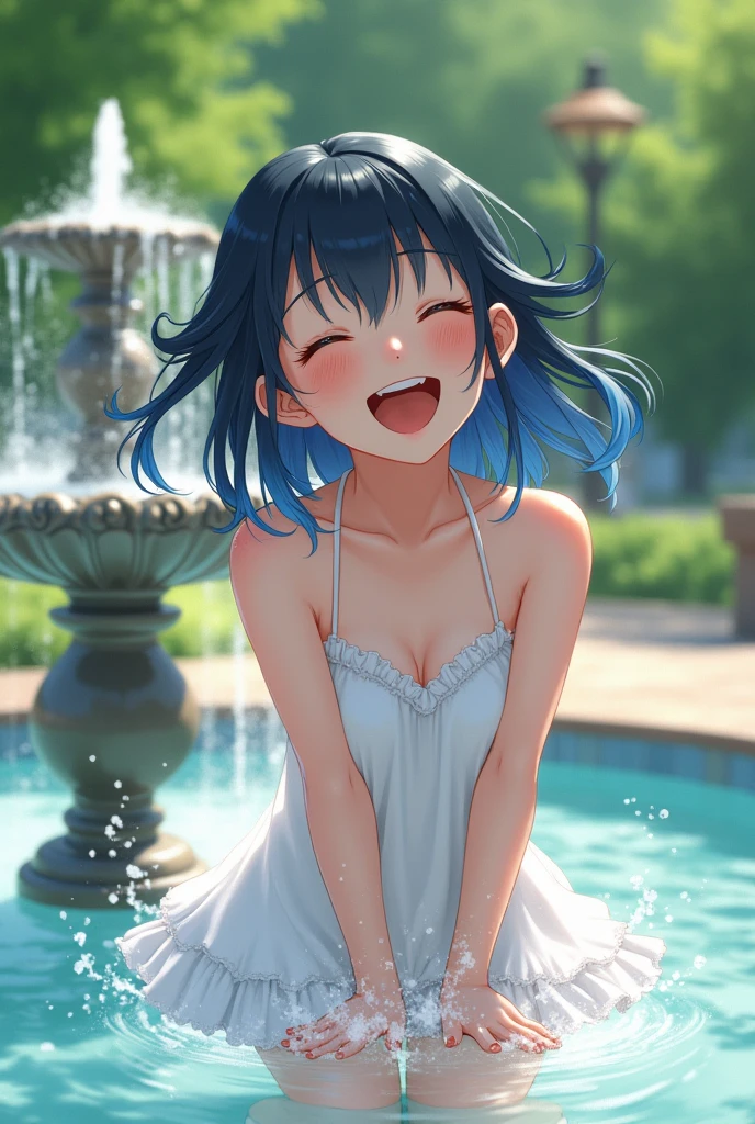 Japanese 15 years old, black blue hair , white clothes, at home photo image, frilled bikini, at park, in front of fountain, wet, laugh, splash eater, laugh