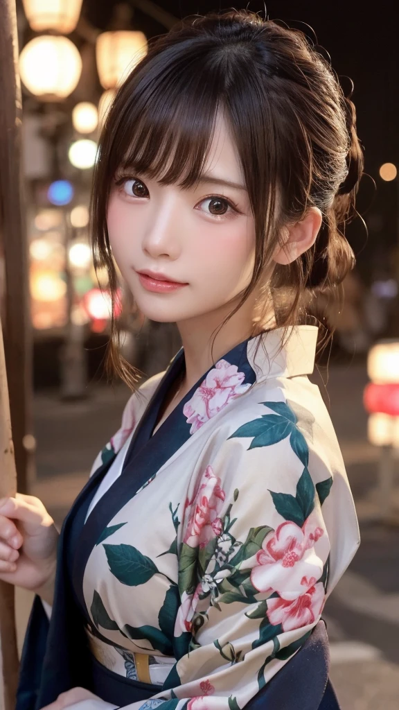 (kimono)、masterpiece、beautiful girl、Beautiful detailed eyes、highest quality, 超A high resolution, (reality: 1.4), Cinema Lighting、(Japanese Girls)、so beautiful、Beautiful Skin、big breast、(Looking at the audience)、(Surreal)、(High resolution)、(8k)、(Very detailed)、(Beautiful fine details)、(Very detailed)、 (wallpaper)、Detailed face、Bright lighting、Professional Lighting、Smile