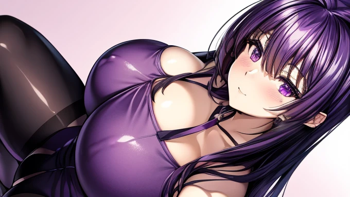 An anime girl with purple hair, intense violet eyes and big breasts who is sitting in a purple outfit that highlights her thighs and big breasts while she has one hand on her legs and is blushing intensely