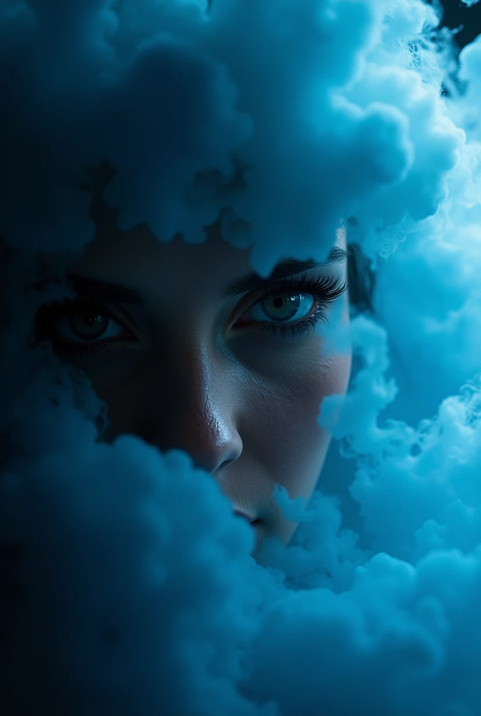 A majestic work of art, a commissioned woman, intricately detailed, with an intense, piercing gaze emanating from her singular, striking eye, set against a backdrop of ethereal, swirling blue smoke that appears to shift and undulate as if alive, illuminated by a cinematic lighting scheme that casts dramatic, high-contrast shadows and highlights, evoking a sense of mystery and the otherworldly, with each element expertly rendered in exquisite, high-definition detail, exuding a sense of artistic mastery and visual sophistication.