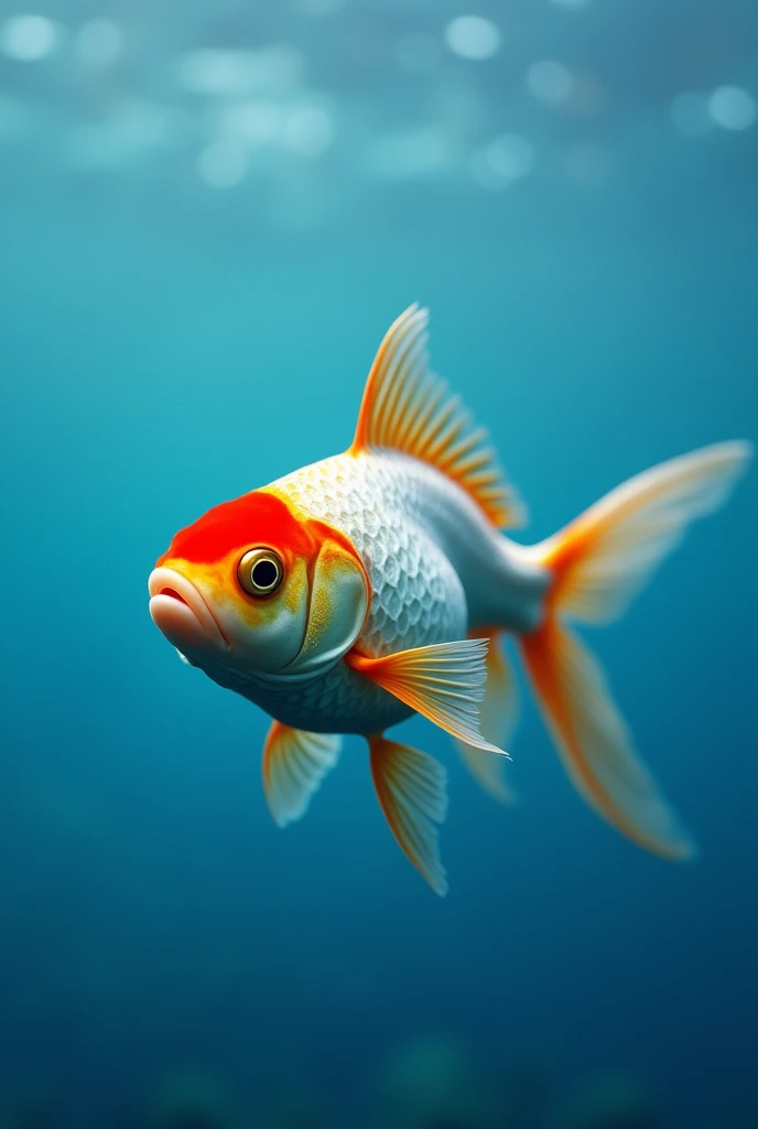 A goldfish is swimming peacefully in a blue ocean