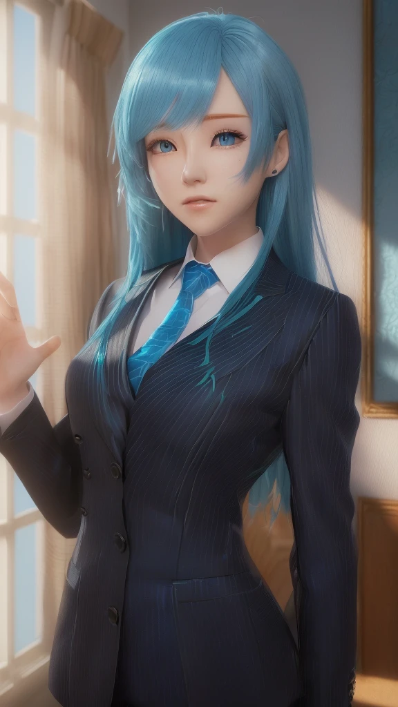 There is a woman with blue hair wearing a suit and tie., Realistic Anime 3D Style, Smooth anime CG art, 3D Anime Real, Realistic anime art style, Painted in an anime artist's studio, Anime realism style, Created by Anime Painter Studio, Photorealistic Animation, Realistic young anime girl, Photorealistic Animation girl render, Girl in suit, Realistic anime art style