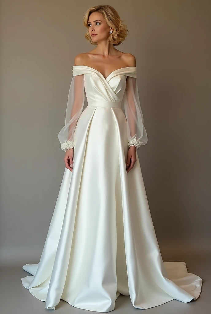 Full satin cover long elegant formal wedding dress with also full satin cover on bust part with breast and spine decolte with removable bow like long tulle sleeves for curly blonde short haired, green eyed woman.
