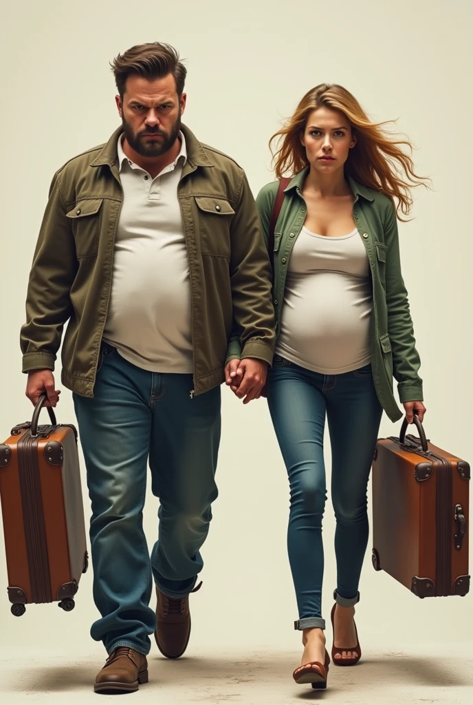 Draw a pregnant man and an angry woman leaving with their suitcases

