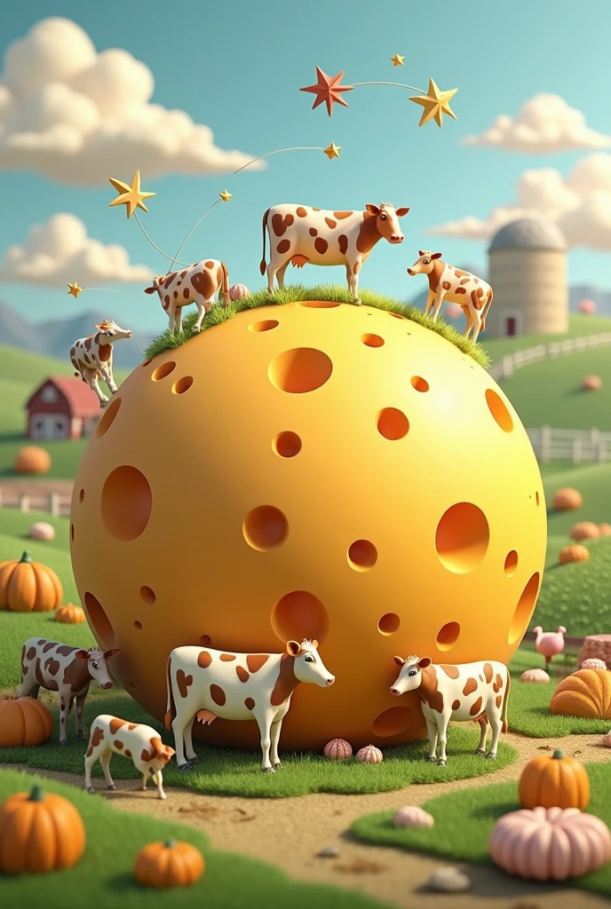 Cows on the surface of the round world symbolized by a cheese around Various dairy products and farm background