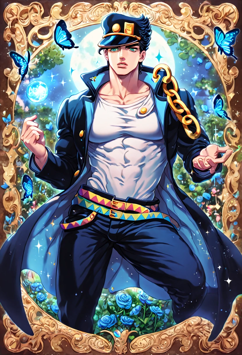 absurdres, highres, ultra detailed, HDR, master piece, best quality, extremely detailed, Jotaro Kujo, black hair, expressive green eyes, Jojo Bizarre Adventure, solo, sexy man, handsome, manly man, sensual, horny, black coat, white shirt, black hat, fantasy, magic, sparkling, water, blue moon, blue flowers, blue butterflies, blue petals, garden