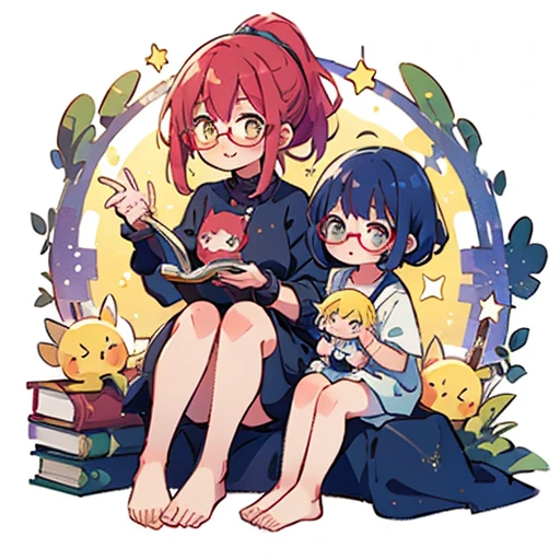 2 people , mother big, daughter small, Books, (masterpiece, highest quality),(Detailed Hair), ((glasses)), Super detailed, Anime Style, whole body, cute, whole bodyきぐるみ, red hair with ponytail mother, blue haired daughter,yellow eyes mother, pink eyes daughter,ponytail mother, short hair daughter,Digital Painting, 8K High Resolution, whole body, White Background, Dynamic pose, Dynamic composition, smile, pastel colour, stars, (motherly figure), mother and daughter, crystals