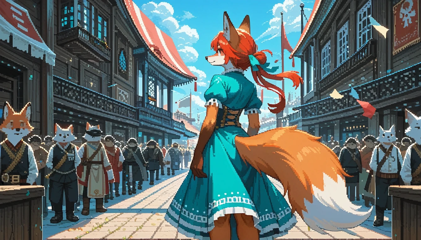 score_9, score_8_up, score_7_up, score_6_up, score_5_up, score_4_up, source_anime,source_furry,rating_questionable,masterpiece, best quality, perfect anatomy , very aesthetic , absurdres , BREAK ,solo,1girl, (anthro,fox,standing), (wearing a slit pirate dress), at port,crowds,isometric view,(pixel:1.5), (ground level shot:1.4),(from back view:1.4),long shot