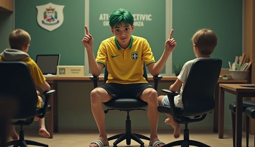 Um homem brasileiro, with green hair, Corinthians shirt, with black shorts and white flip-flops sitting in a secretary chair facing forward with a finger pointing upwards answering a question
