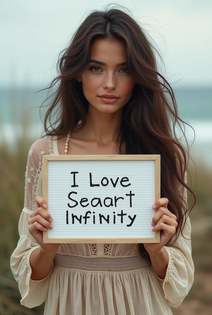 Beautiful girl with wavy long hair, bohemian dress, holding a white board with text "I Love Seaart Infinity" and showing it to the viewer