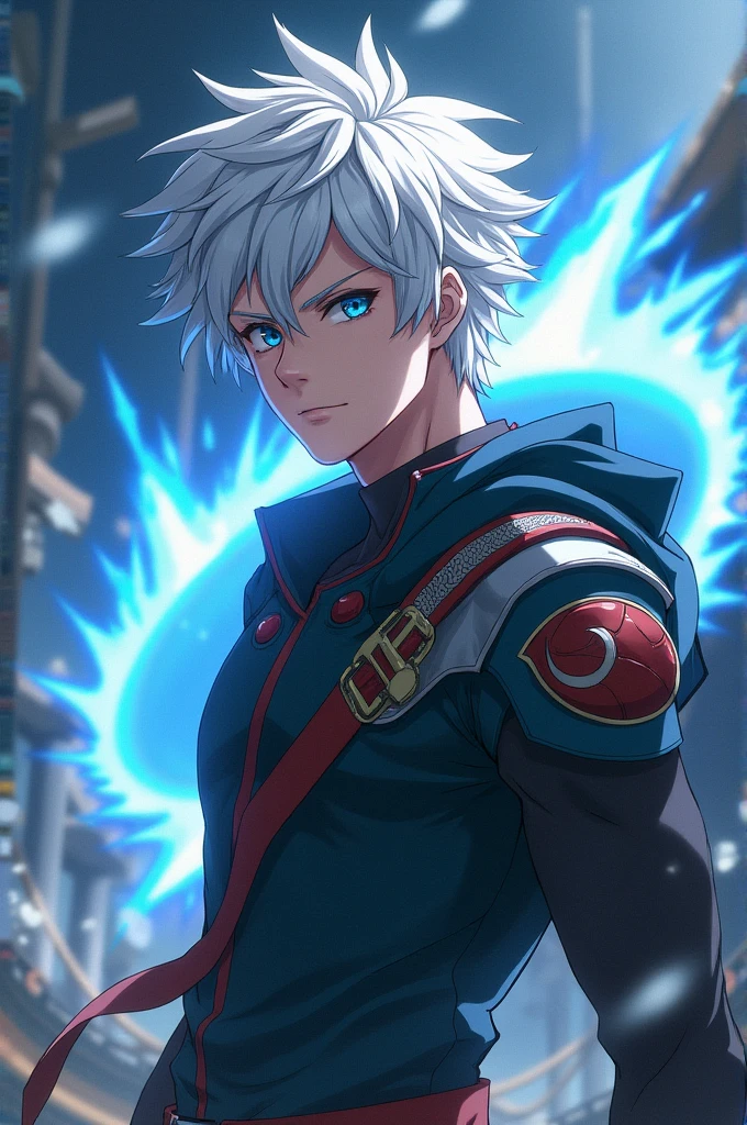 Screenshot of my hero academy.
Handsome tender muscular boy but not excessively so with white hair and eyes entirely blue