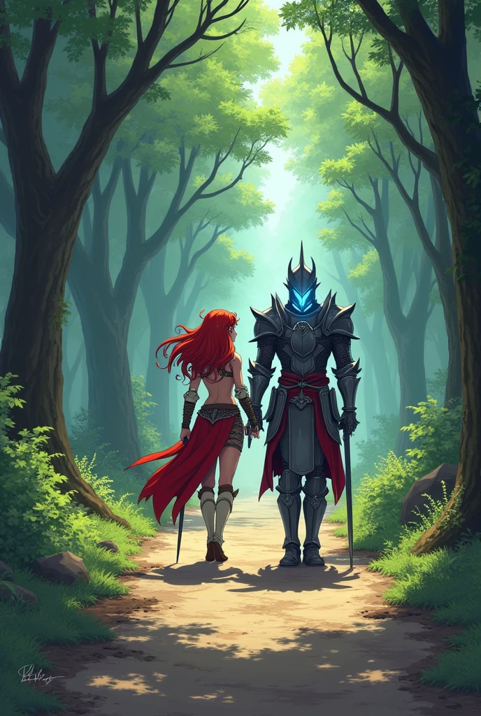 make me the following scene in anime style: a young draconian, Scarlet eyes, red hair with slight details in shades of blue, she is about 27 years old, 1,65 tall, She is wearing light armor and a staff to cast spells, beside him is a knight enclosed in armor, you can only see a blue ray from his eyes, they are on a dirt road surrounded by trees, are leaving for battle, make an epic scene in anime or cartoon strokes