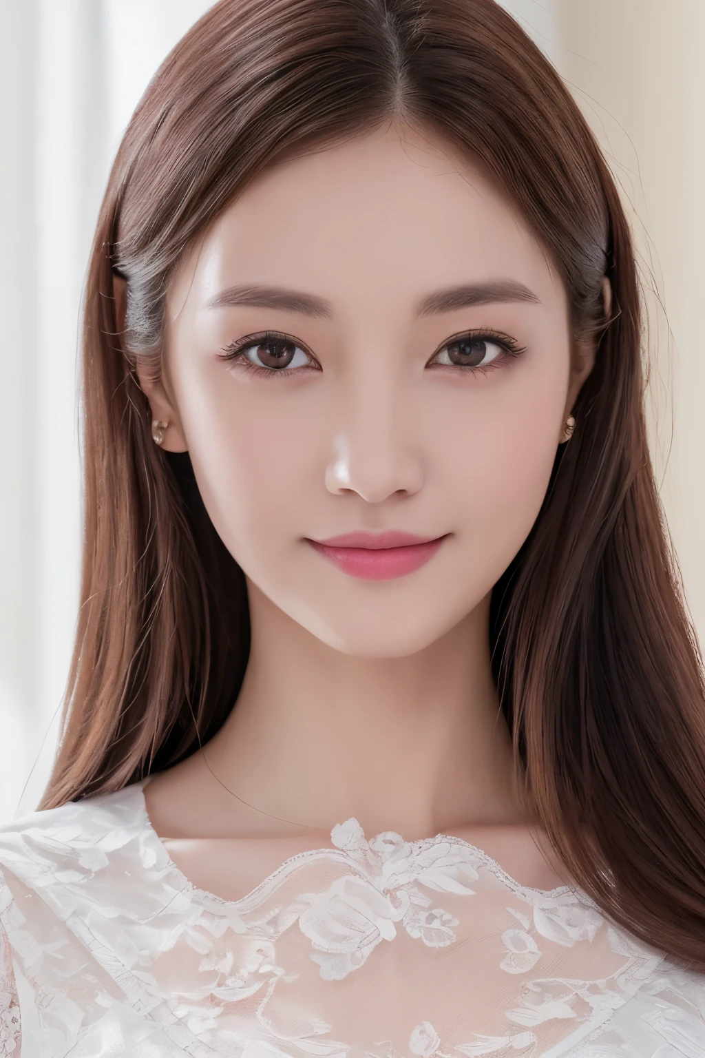 ((Highest quality、masterpiece、8k、Best image quality、Hyperrealism、Award-winning works)), One girl, Hairstyle Casual, (Big Breasts: 1.2), (Elegant lace blouse: 1.1), Very beautiful face, Delicate eyes, double eyelid, smile, Home, (Close-up of face:1.1)