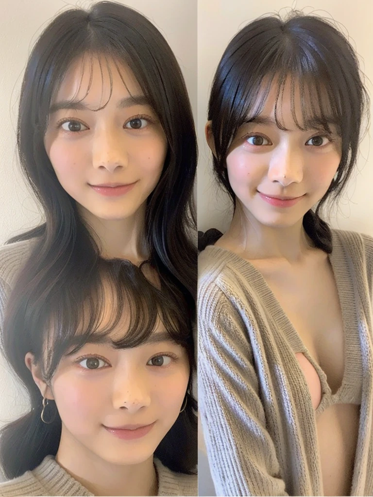 (masterpiece:1.3), (8K, Photoreal, Raw photo, best image quality: 1.4), Japanese high school girl、Similar identical twins、2 girls、(random hairstyle:1.2)、cleavage:1.2、super detail face、eye for details、double eyelid、chest to chest、sharp focus:1.2、Beautiful woman:1.4、light brown hair、highest quality、masterpiece、Super high resolution、(Photoreal:1.4)、Highly detailed and professionally lit smiles、loose and light knitwear, Two girls whose faces, figures, and standing positions are perfectly copied like the virtual image reflected in the mirror and the real image.,To her rightside there is a mirror in which she sees herself., all girls are exactly the same face