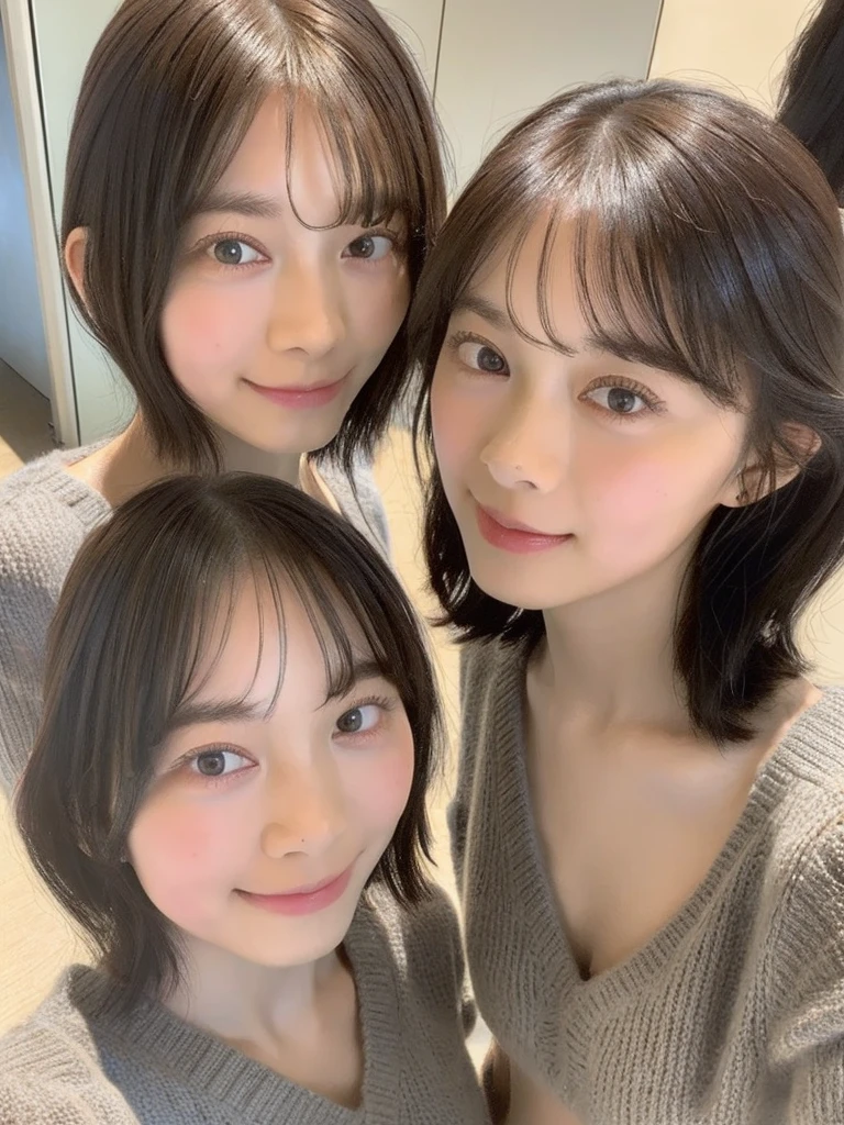 (masterpiece:1.3), (8K, Photoreal, Raw photo, best image quality: 1.4), Japanese high school girl、Similar identical twins、2 girls、(random hairstyle:1.2)、cleavage:1.2、super detail face、eye for details、double eyelid、chest to chest、sharp focus:1.2、Beautiful woman:1.4、light brown hair、highest quality、masterpiece、Super high resolution、(Photoreal:1.4)、Highly detailed and professionally lit smiles、loose and light knitwear, Two girls whose faces, figures, and standing positions are perfectly copied like the virtual image reflected in the mirror and the real image.,To her rightside there is a mirror in which she sees herself., all girls are exactly the same face