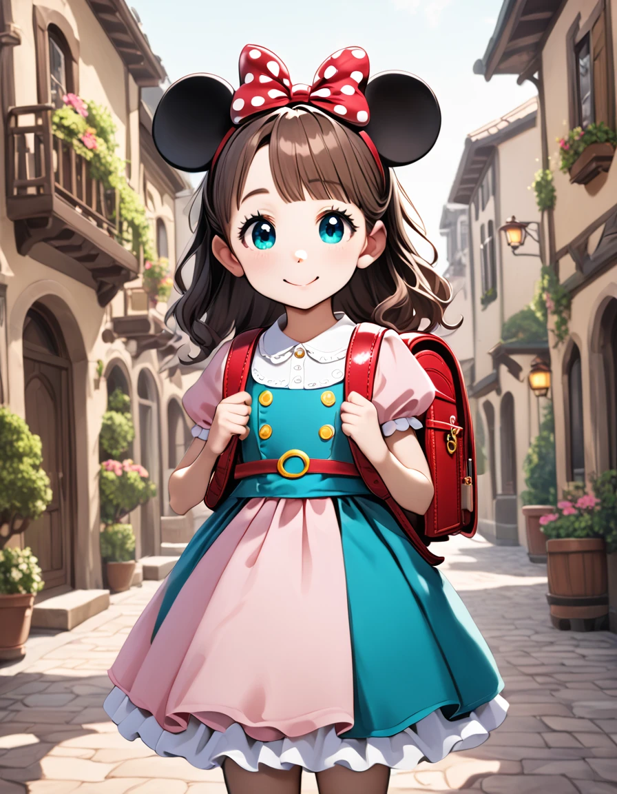 Masterpiece, hd, best quality, 1girl , 10 year old, minnie mouse hairbands, ((high quality))brown hair, (brown hair:1.3), magical dress, magic , cosplay of a minnie mouse, dress, white and teal garment, sea - pink and white clothes, sanrio, white shirt and pink skirt cute, party dress, party costumes, wearing Randoseru backpack, (backpack:1.2)