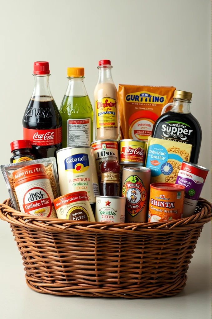 Basket with sugar packet,cocoa,lentils, café , has,condensed milk,evaporated milk,tunes,shallsa de soya, shallsa inglesa, a package of spaghetti,dressing packet, toilet paper,shall,bottle of oil, package of beans,jar of fruit in syrup,packets of biscuits,pasta dental, liquid soap, kitchen towels,Coca Cola soda bottles, rice package,