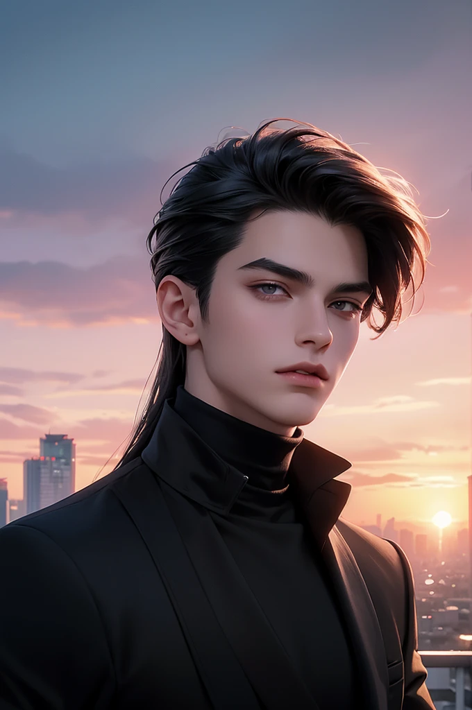 (Best quality)), ((masterpiece)), (detailed), ((perfect face)), ((halfbody)) perfect proporcions, He is a handsome vampire, 18 years old, he is sexy, long hair, badass, He has his back to the camera, he is on top of a building, pink sunset sky ((perfect face)) full body, wearing black turtleneck shirt