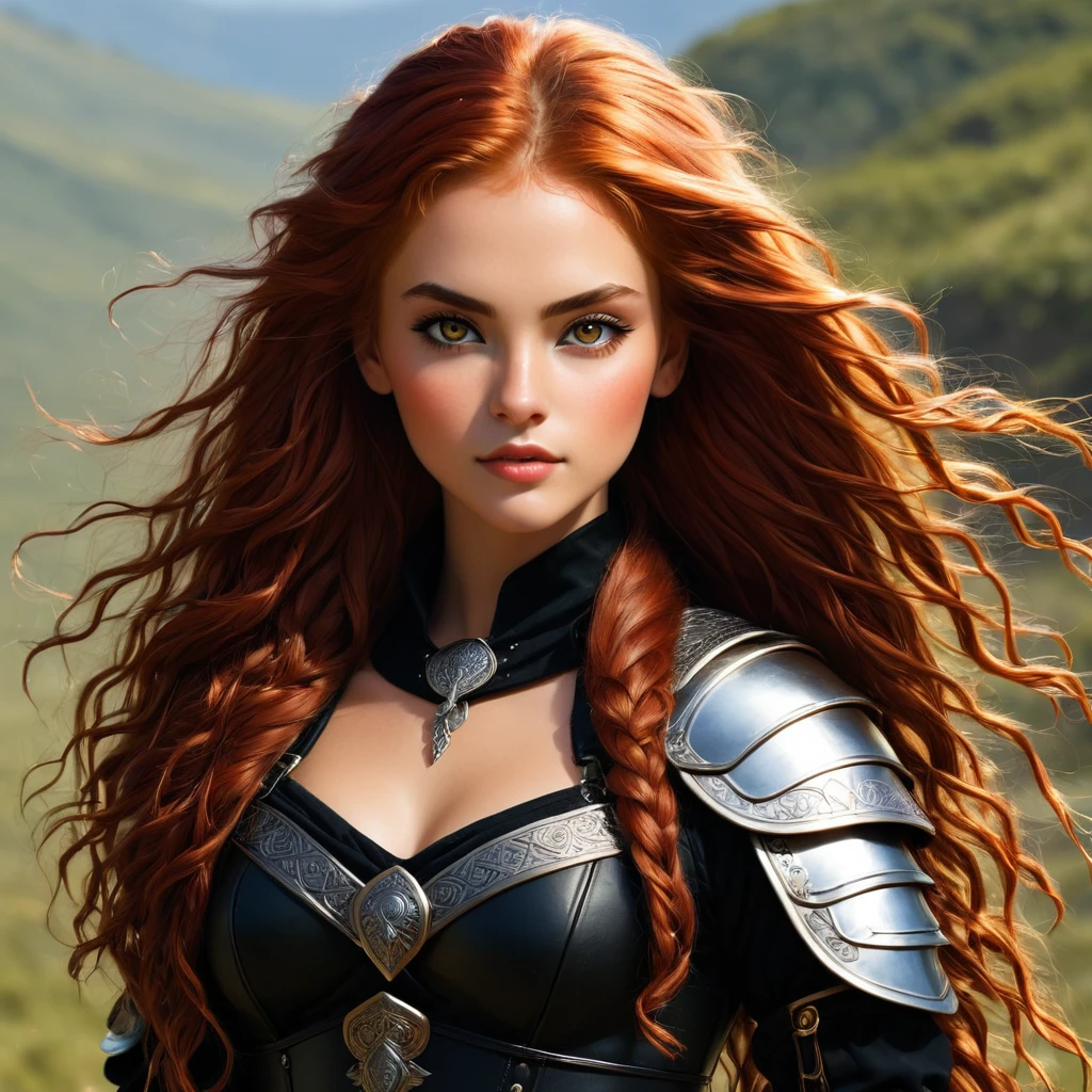 an image Nayane Laura Menequel XX weeks 13, a beautiful young woman with a friendly warrior appearance, detailed light honey eyes, long red hair, wearing black boots, she is in a full body pose
