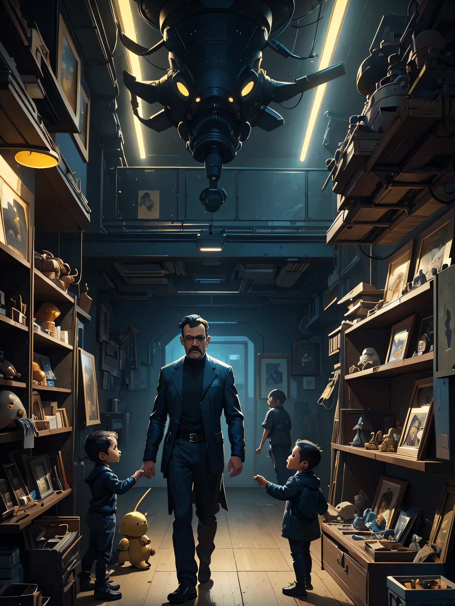 Young father with baby kid and children curating art, curator man, moustache, toys on shelves, high tech futuristic mysterious atmosphere, deep dark blue and golden yellow, 4D, 8K, photorealistic, dreamlike, big and complex composition storytelling, masterpiece, artwork by Bernie Wrightson, artwork by Jeremy Mann, Impressionism
