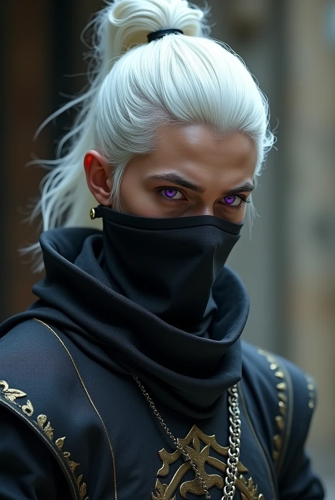 My created a male character with white hair tied in a bun in the middle of his head with a Mexican knight's shirt with a black mask and purple eyes.