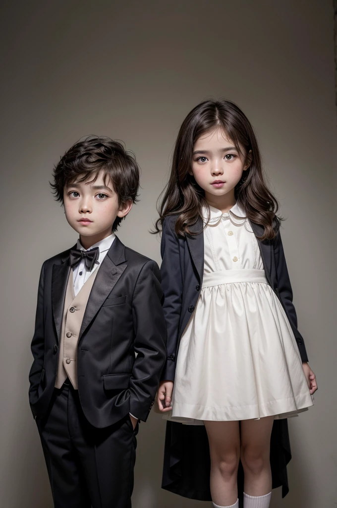 Two children posing for a photo, seriously, in formal clothes a boy and a girl, brown hair, dark brown eyes, and a height of 1.50 meters.