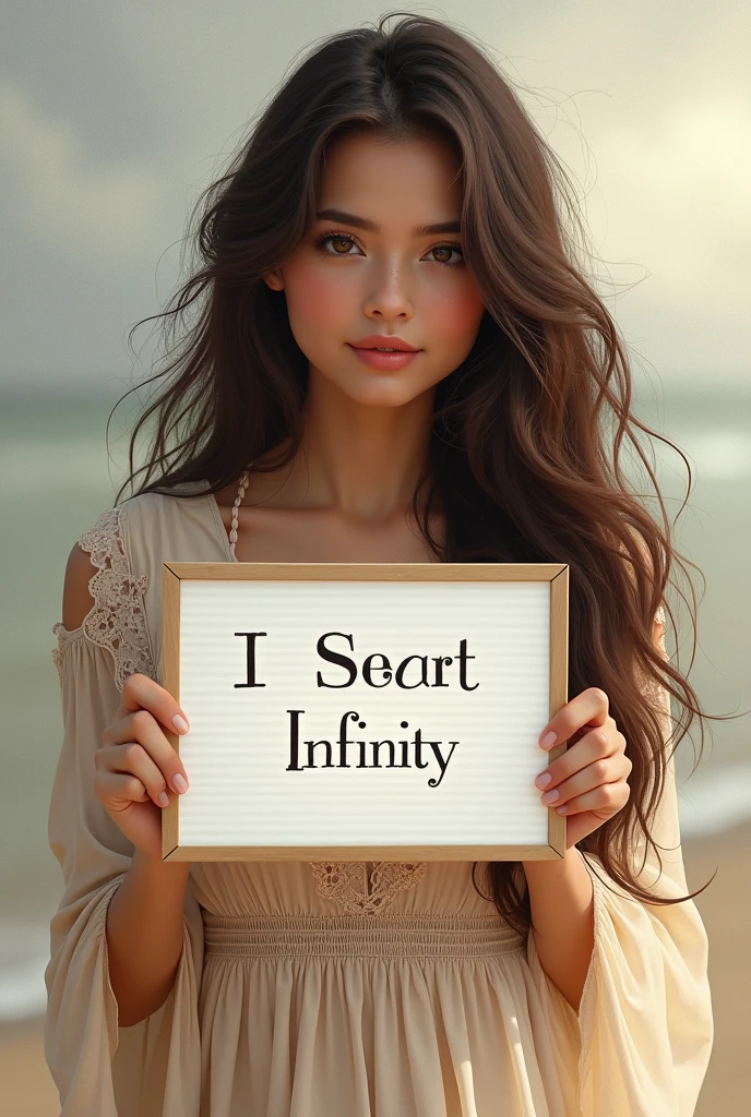 Beautiful girl with wavy long hair, bohemian dress, holding a white board with text "I Love Seaart Infinity" and showing it to the viewer
