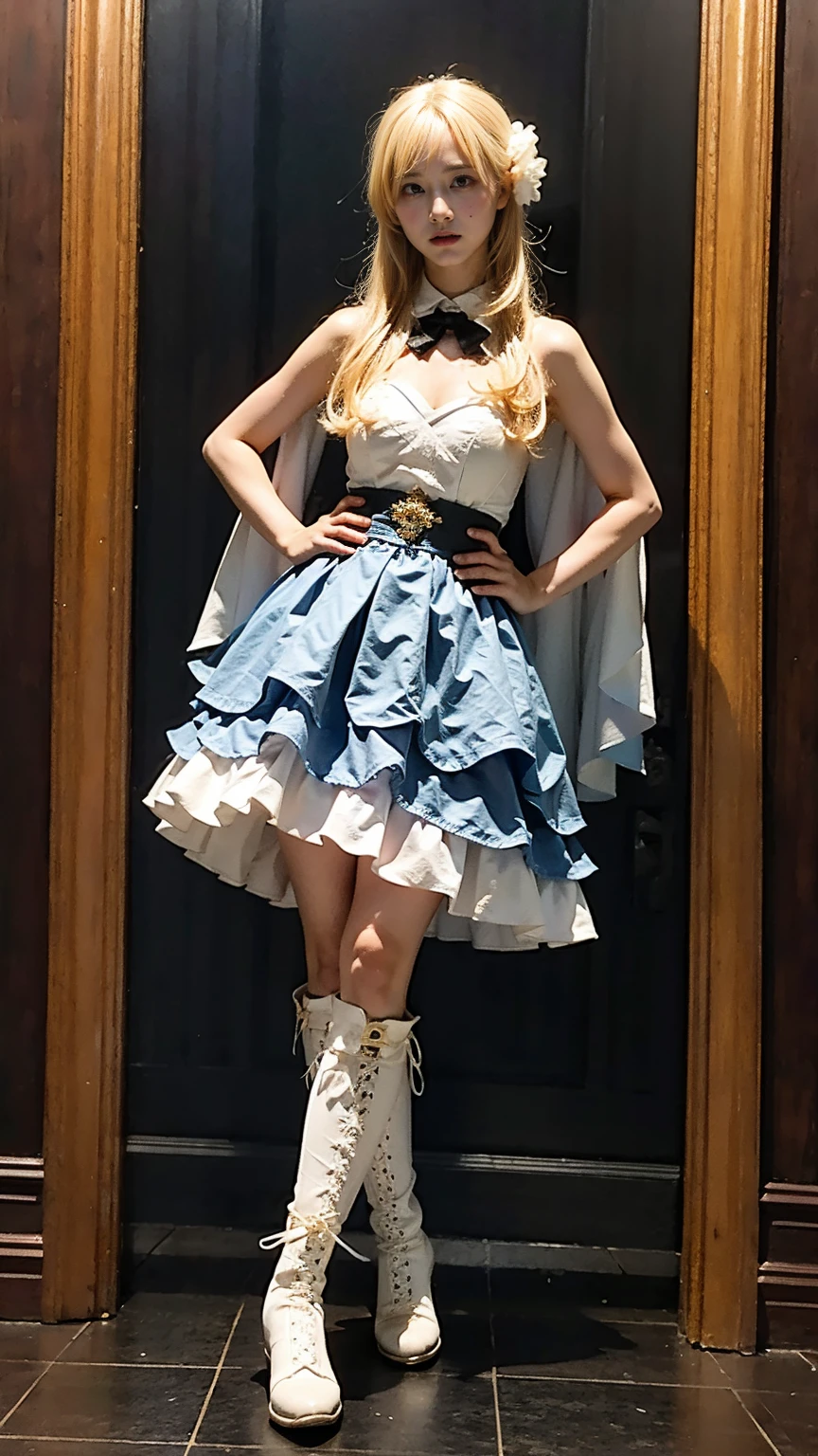 (8k、RAW Photos、Highest quality、masterpiece:1.2)、(Realistic、Realistic)、1 girl、((Blonde、White and light blue、Frills、Cape、mini skirt、Thin legs、whole body、boots、View from the front、Looking into the camera、Stand with hands on hips))、cute
