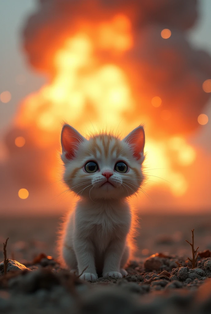 Little cat with an explosion in the background