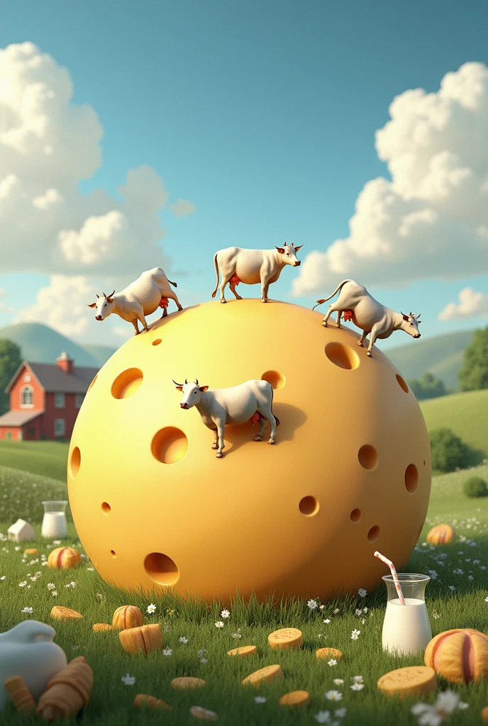 Cows on the surface of the round world symbolized by a cheese around various dairy products, milk and farm background