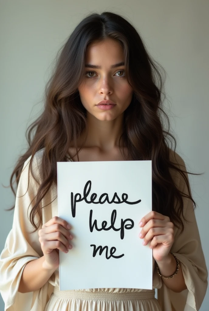 Beautiful girl with wavy long hair, bohemian dress, holding a white board with text "please help me” In and showing it to the viewer