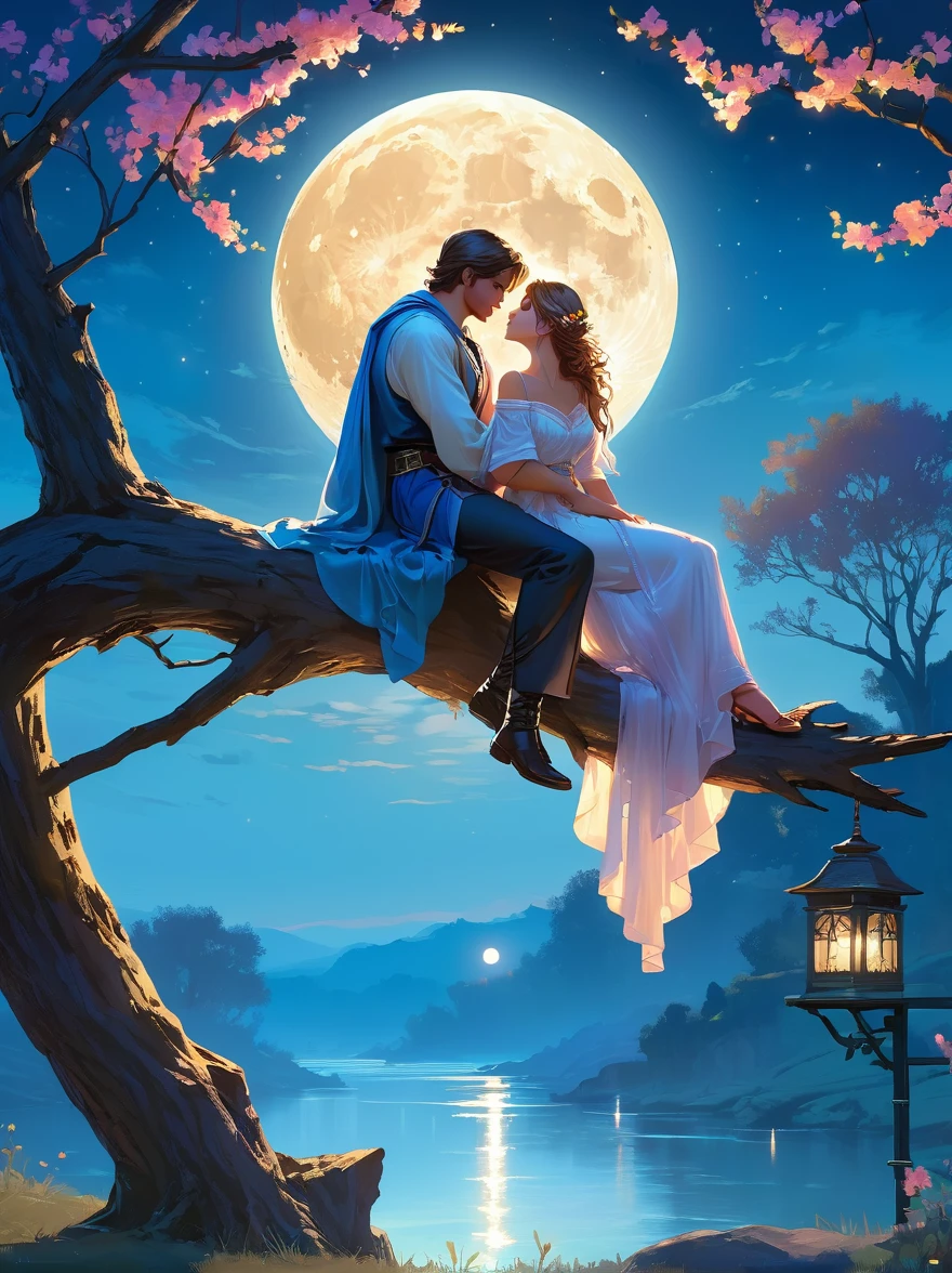 Romantic ancient style,night,Backlight,A man and a woman sitting on a tree branch,There is a big full moon behind,Alexander,Averin,Fresh colors,Soft colors,Diode light,Concept art style,Extremely complex details,Clear distinction between light and dark,Layering,Ultra HD